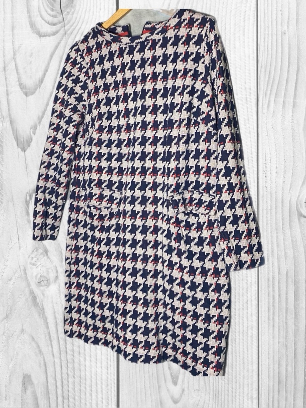 Boden 60’s Jacquard Dress Tunic Shift Blue Gray Red Houndstooth 14 Regular